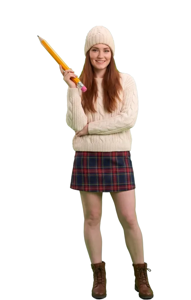 Woman standing relaxed with a big pencil