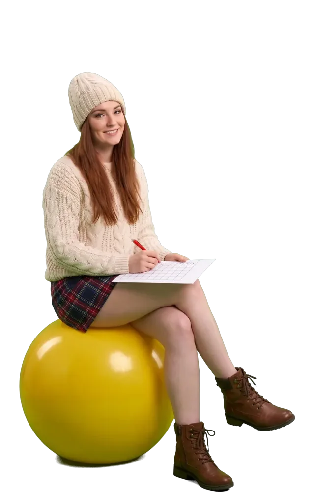 Woman on a giant yellow ball writing on a slip