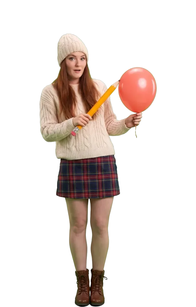 Woman about to tap a coral balloon with a pencil