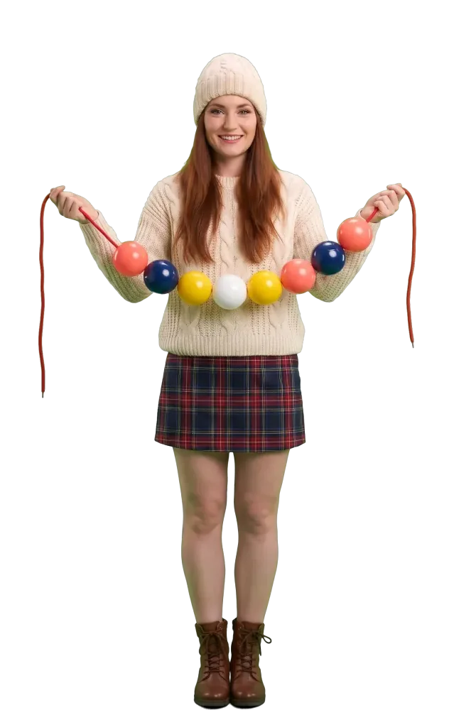 Woman holding a string of nine lottery balls