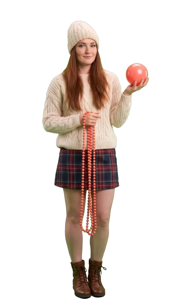 Woman comparing one big ball with a long string of small beads