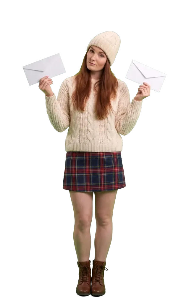 Woman choosing between two white envelopes