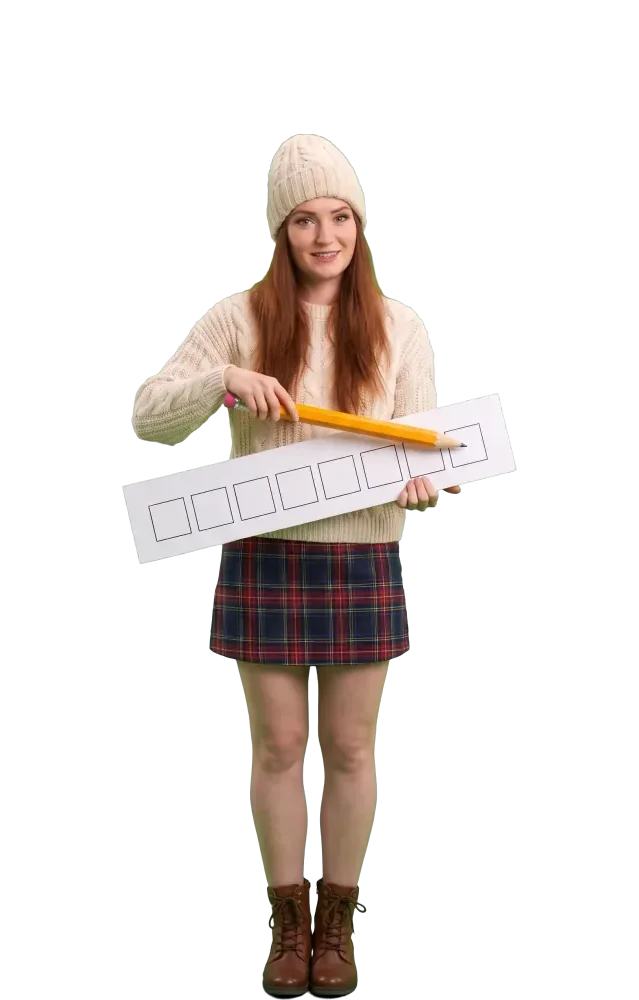 Woman pointing a pencil at a row of seven squares