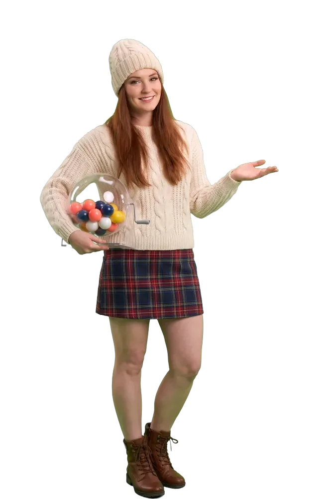 Woman holding a clear lottery drum and welcoming the viewer