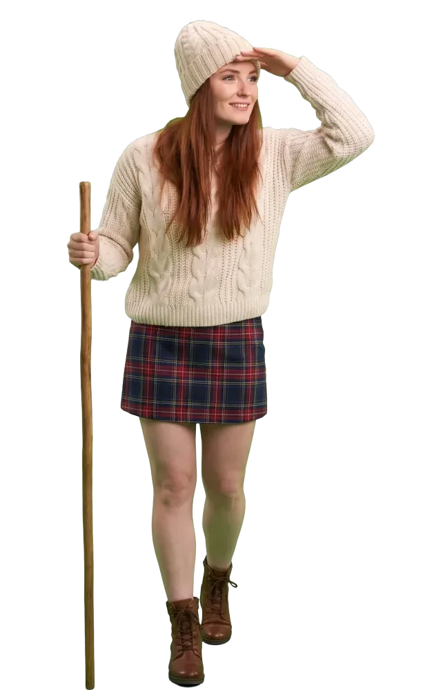 Woman walking with a staff and looking far ahead