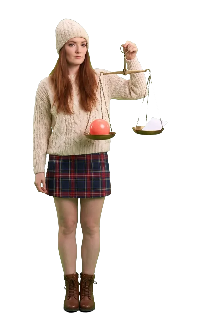 Woman weighing a lottery ball against a slip on a balance scale