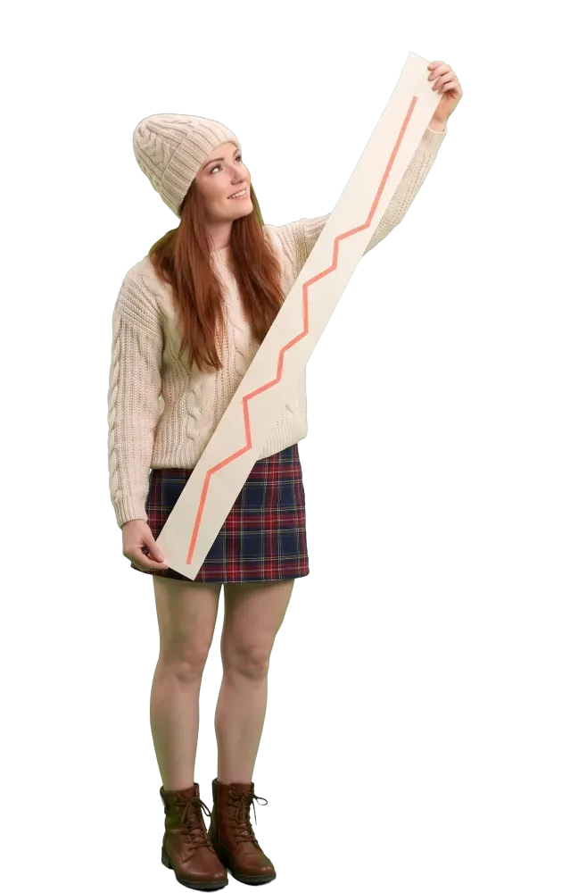Woman on tiptoe holding a rising line chart strip