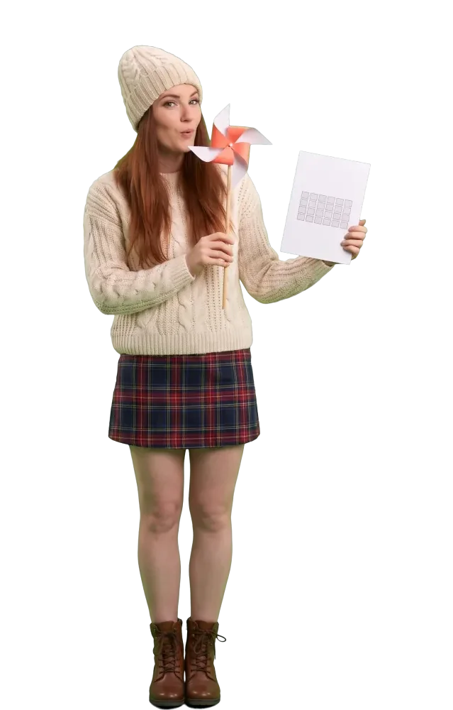 Woman blowing on a paper pinwheel, holding a keno slip