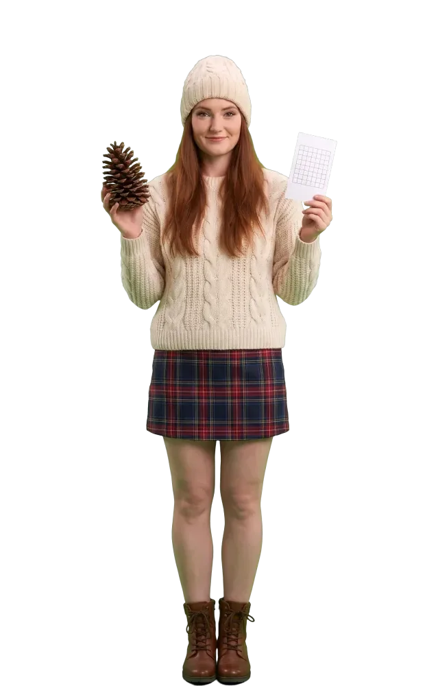Woman holding a pine cone and a keno slip