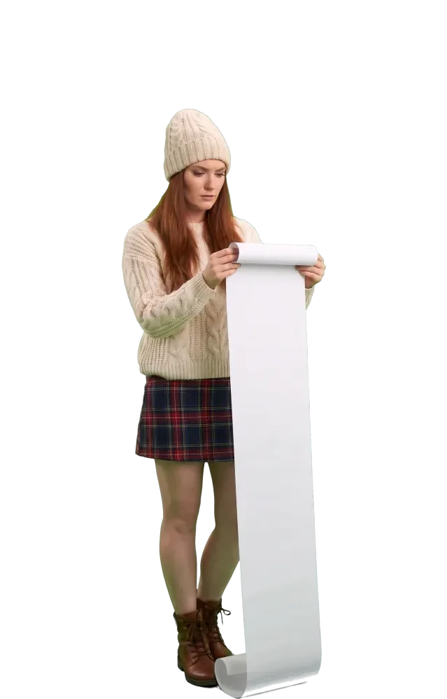 Woman reading a long paper scroll that reaches her boots