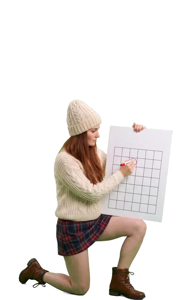 Kneeling woman marking squares on a keno grid