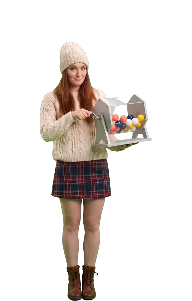 Woman turning the crank of a clear drum full of balls