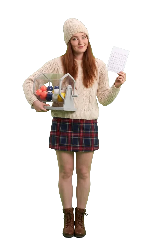 Woman comparing a lottery drum and a keno slip