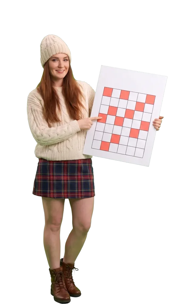 Woman pointing at a filled square on a keno grid