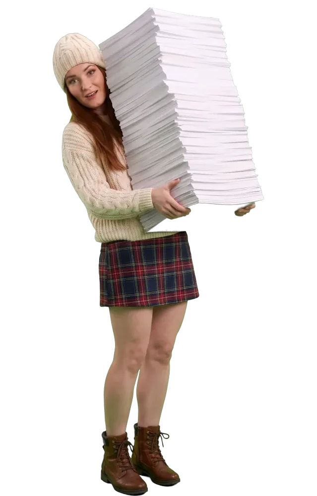 Woman carrying a huge stack of blank slips