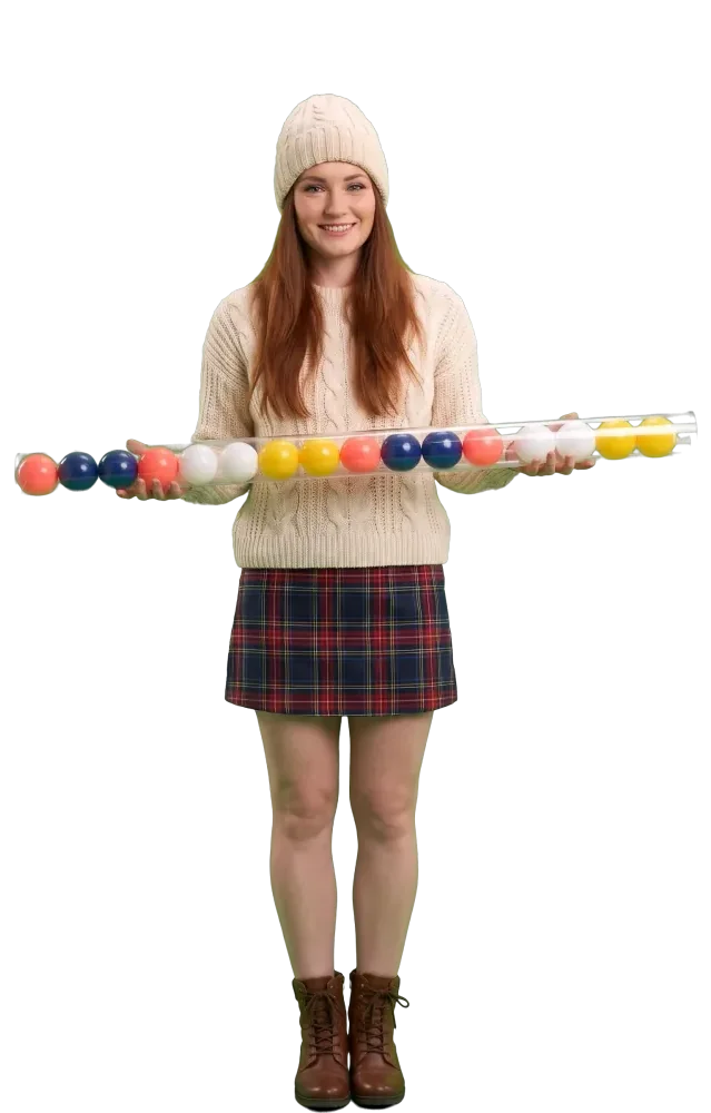 Woman holding a long tube with a row of balls