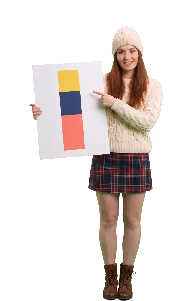 Woman pointing at a stacked bar on a card