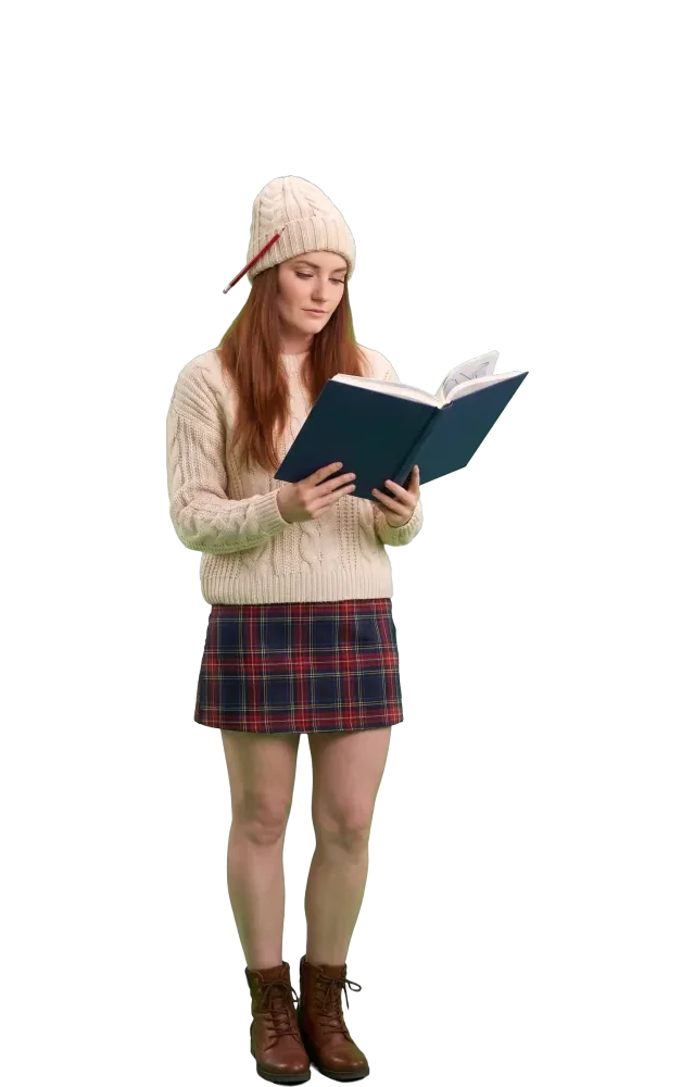 Woman reading a thick navy book