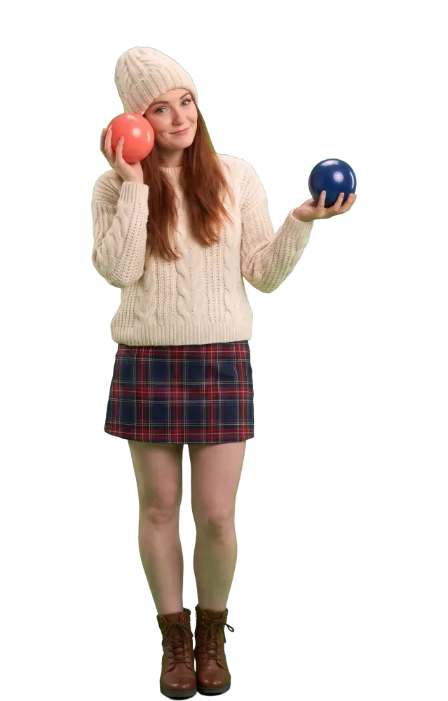 Woman holding a coral ball close and a navy ball away