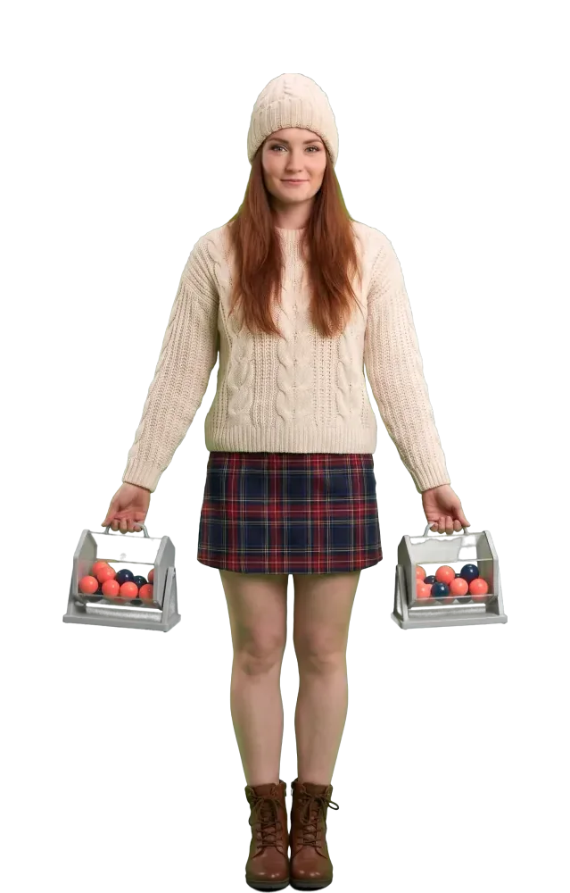 Woman holding a small lottery drum in each hand
