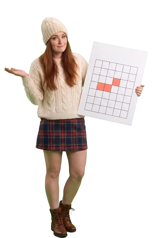 Woman shrugging while holding a grid card