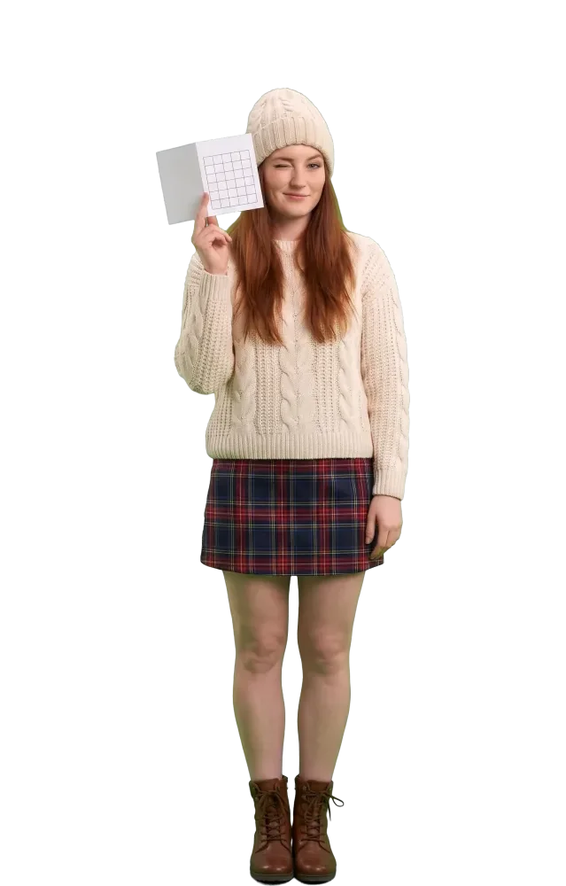 Woman winking and holding up a small folded card