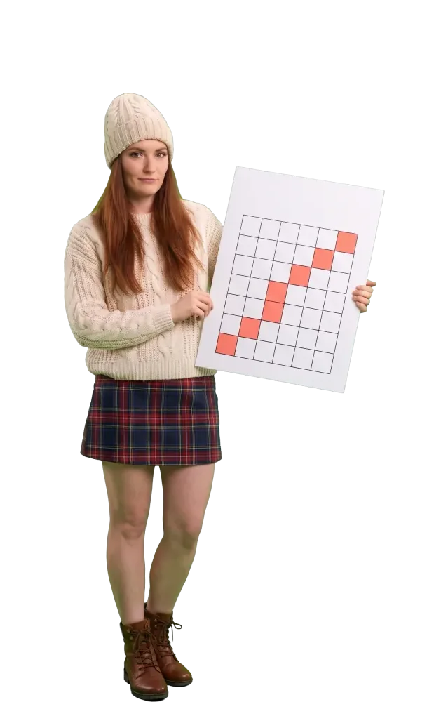 Woman holding a grid card with a filled diagonal line