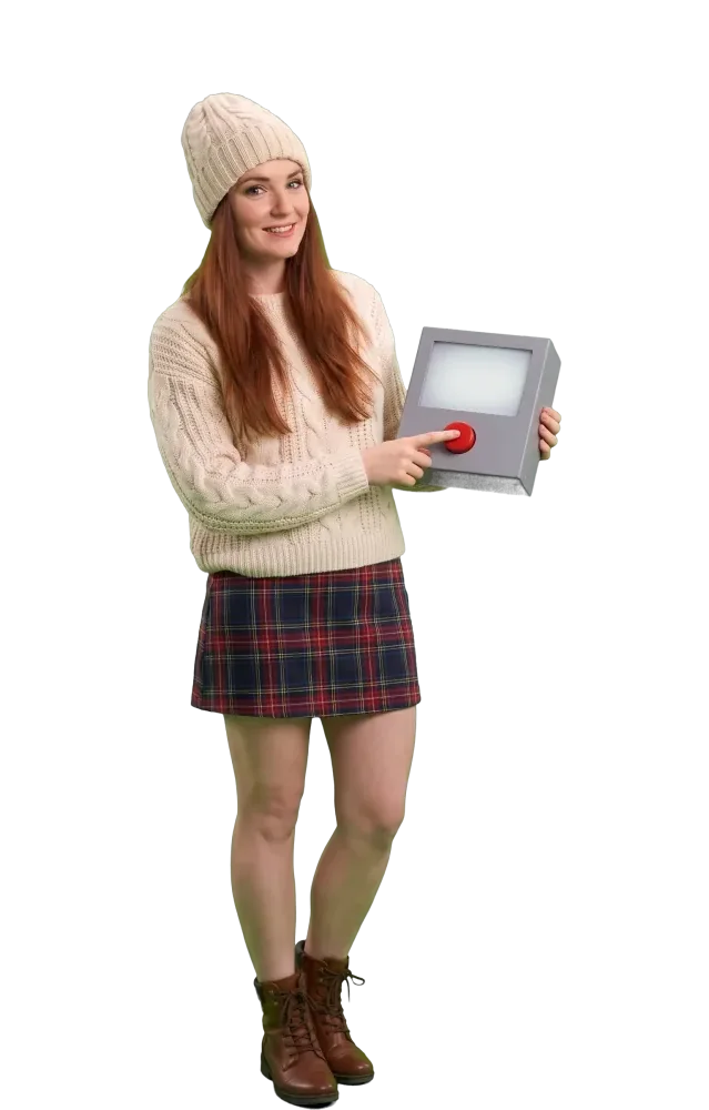Woman pressing the red button on a small grey box