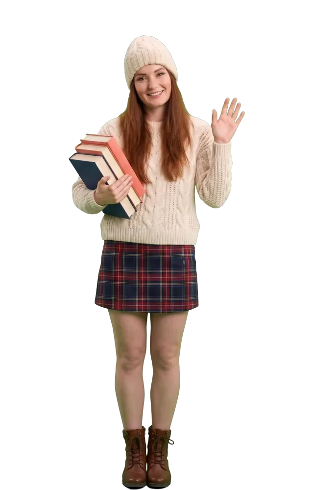Woman holding a stack of books and waving