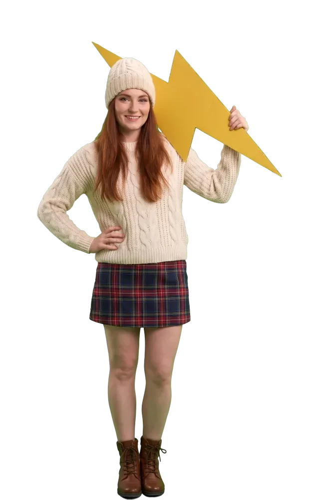 Woman holding a cardboard lightning bolt over her shoulder