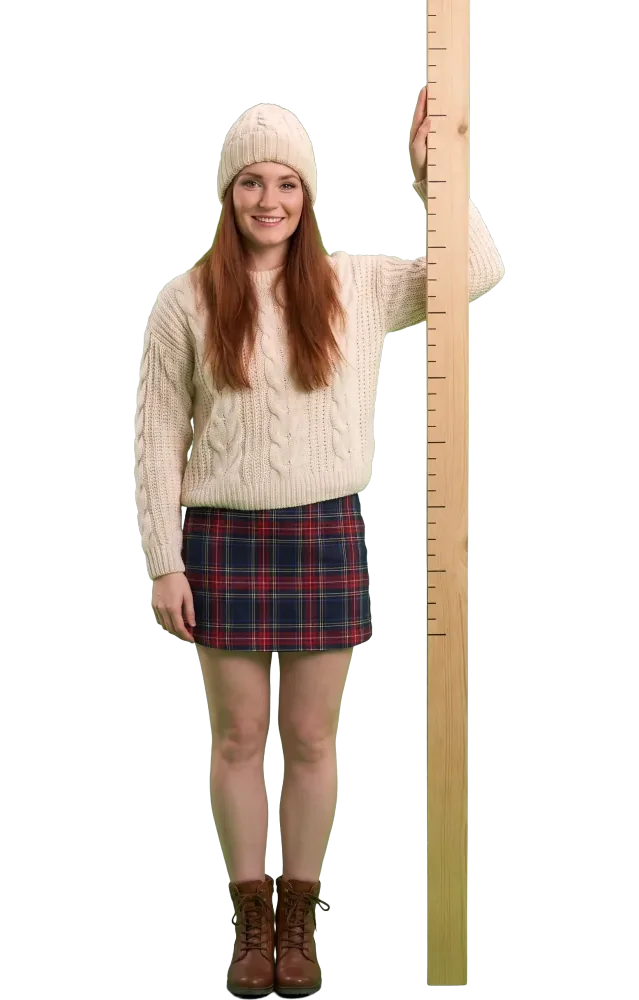 Woman standing straight beside a height pole