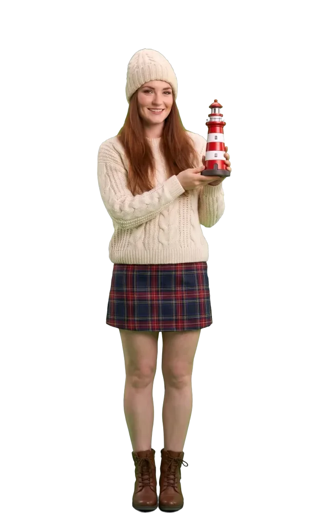 Woman holding a small lighthouse model