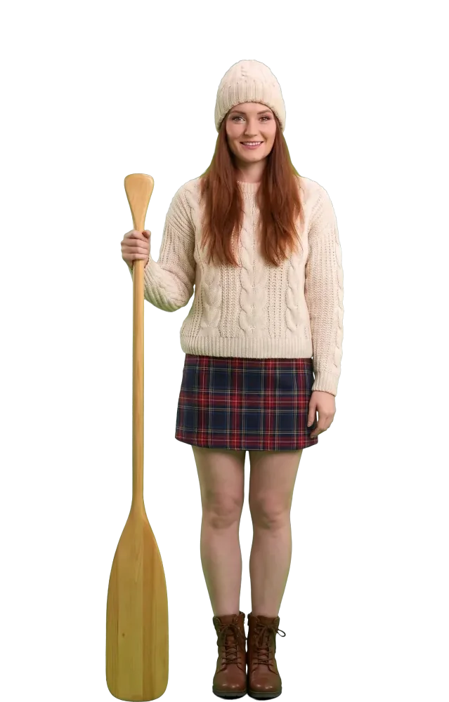 Woman leaning on a canoe paddle