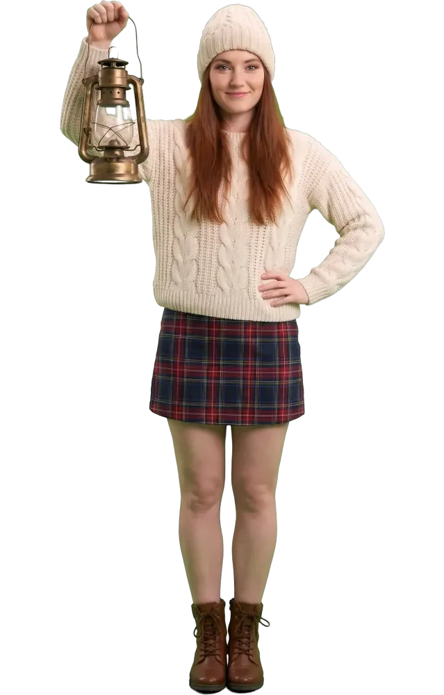 Woman holding up a brass lantern