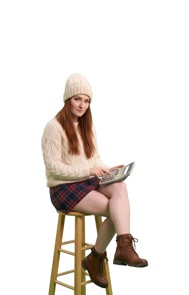 Woman on a stool pressing keys on a desk calculator