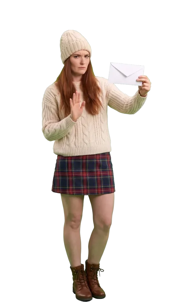 Woman holding an envelope at arm's length with suspicion