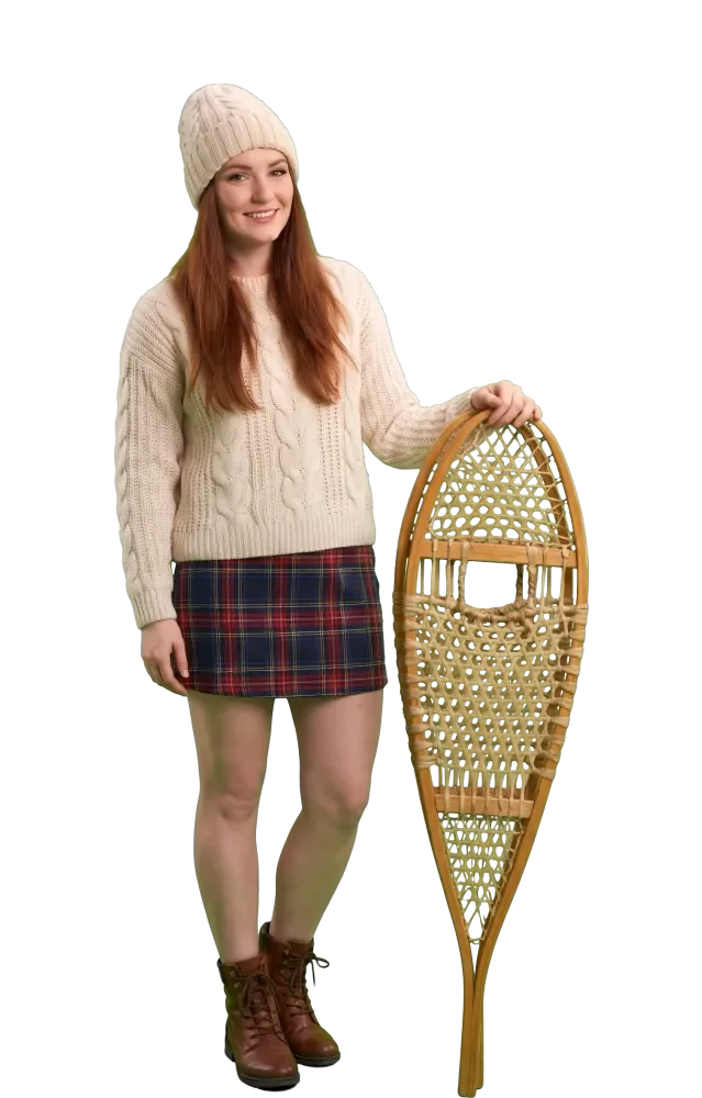 Woman standing with a pair of wooden snowshoes