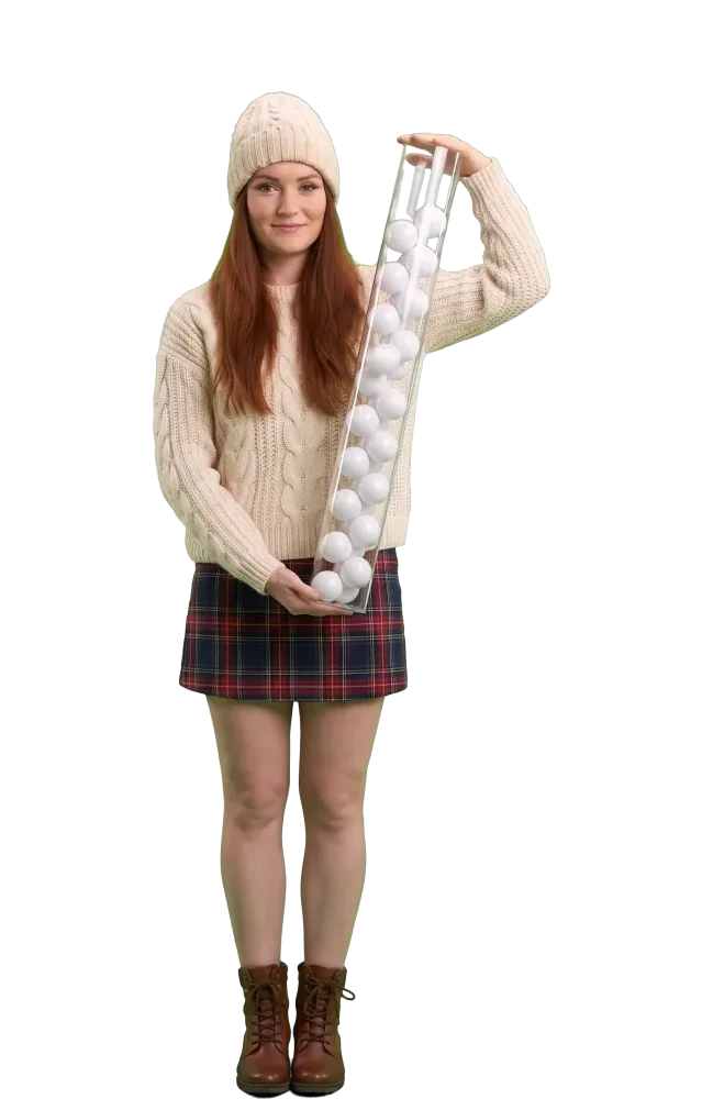 Woman holding a tall clear tube of white balls