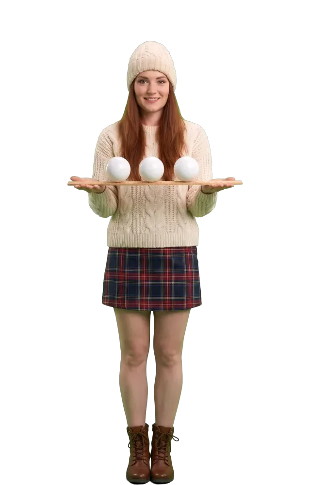 Woman holding three identical white balls on a ruler