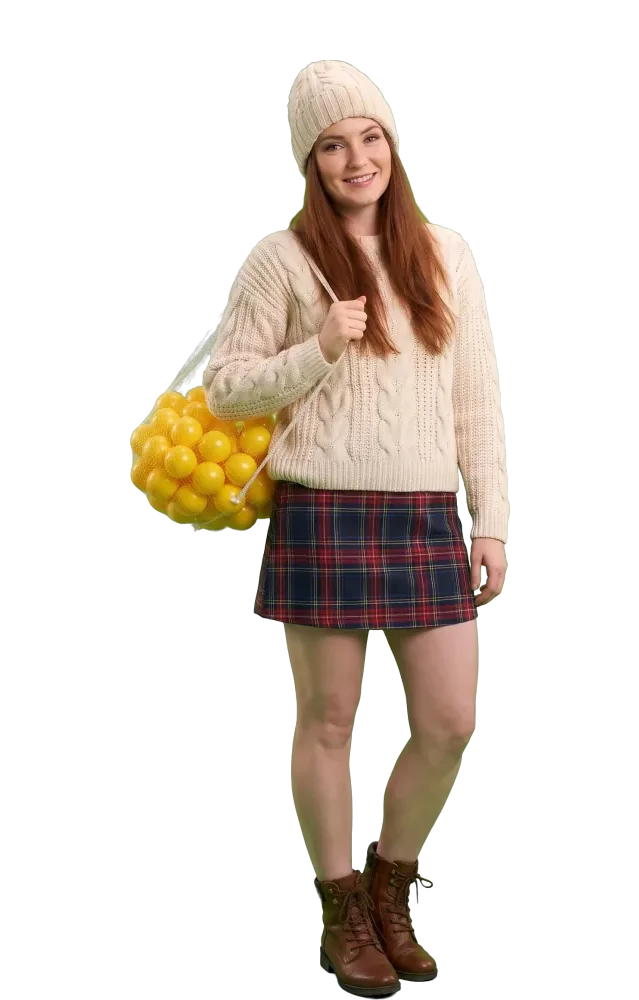 Woman carrying a net bag full of small yellow balls