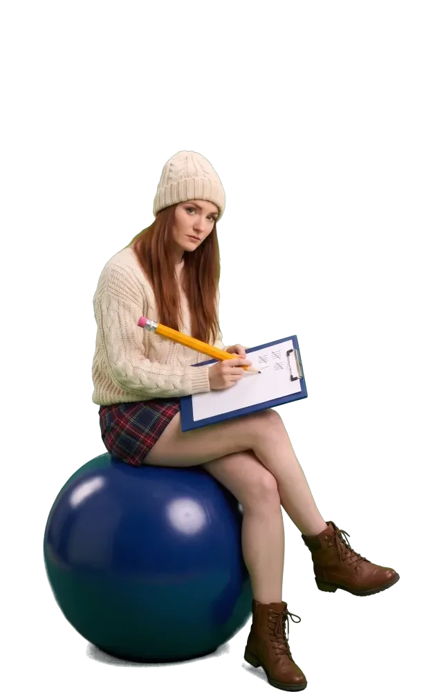 Woman on a giant ball making tally marks on a clipboard
