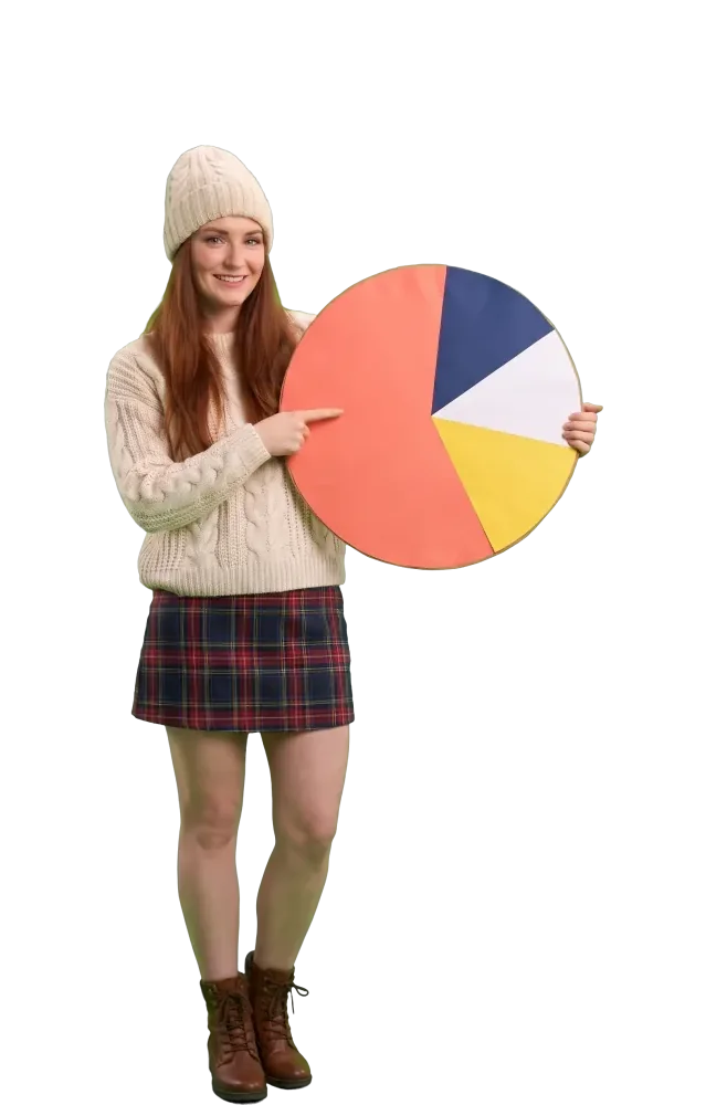 Woman pointing at the largest wedge of a pie chart disc