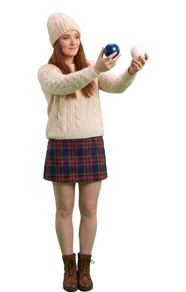 Woman comparing a navy ball and a white ball