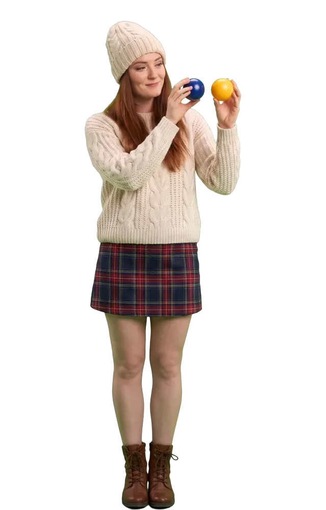 Woman holding a navy ball and a yellow ball by her face