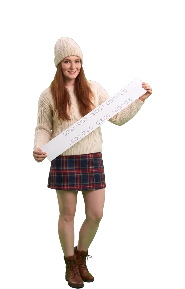 Woman showing a long blank ticket with four rows of squares