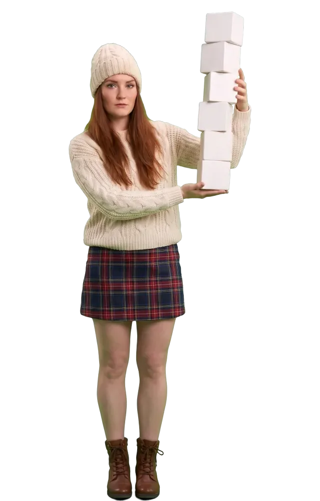 Woman balancing a tower of seven blank cubes