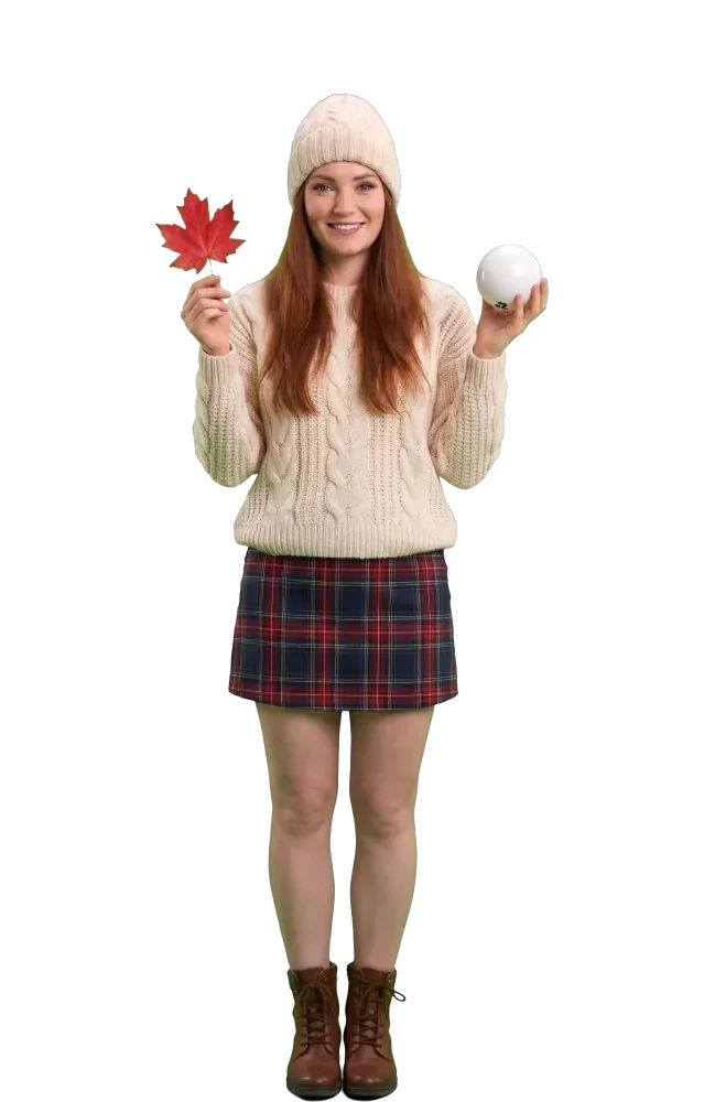 Woman holding a red maple leaf and a white ball