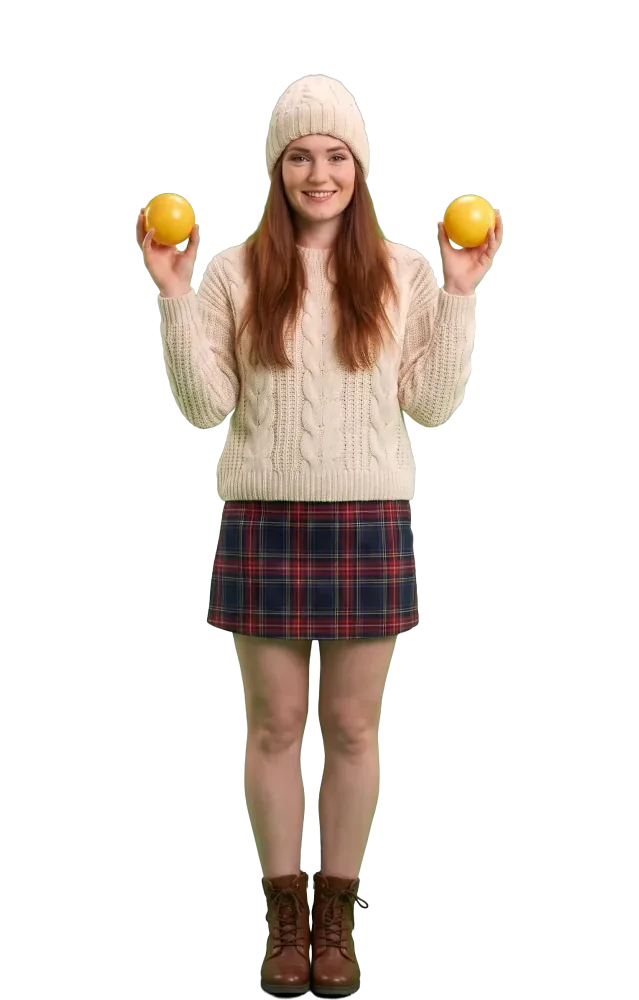 Woman holding two yellow balls at shoulder height