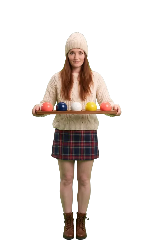 Woman holding a wooden tray with five balls