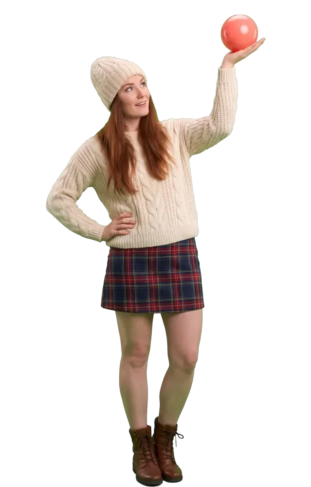 Woman holding a red lottery ball high above her head